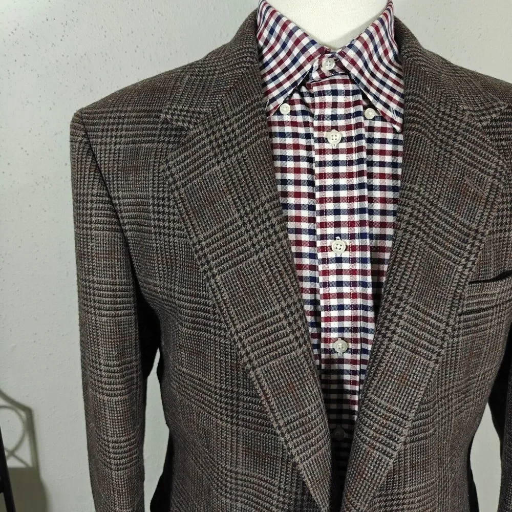 Haggar Men's Tweed Sport Coat Blazer Two Button Brown Plaid Wool Blend Size‎ 42L